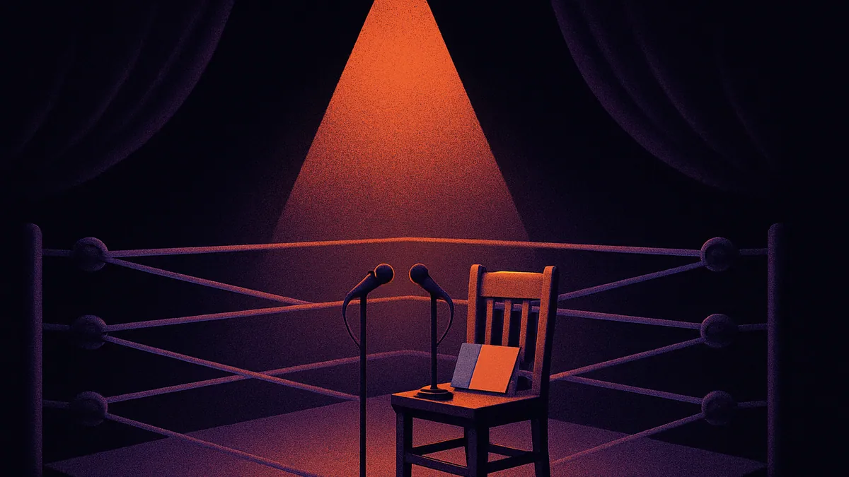 Escenario teatral ambientado como un cuadrilátero con cuerdas y focos para un combate de catch de impro