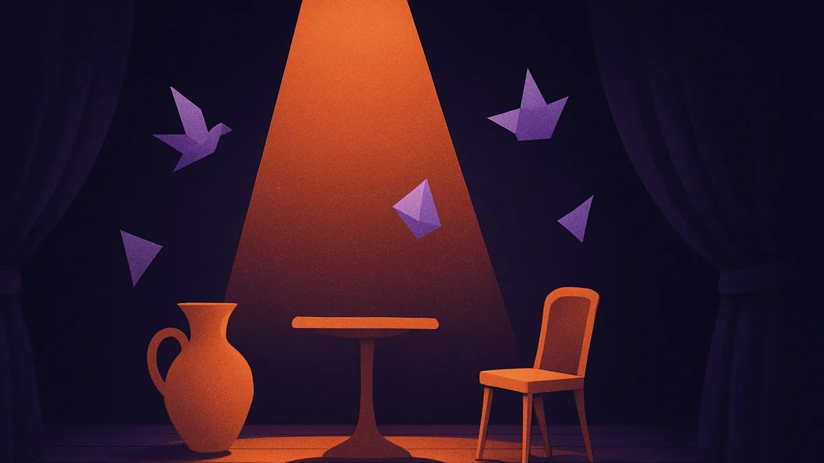 Escenario de teatro iluminado con atrezo lúdico para funciones de impro infantil