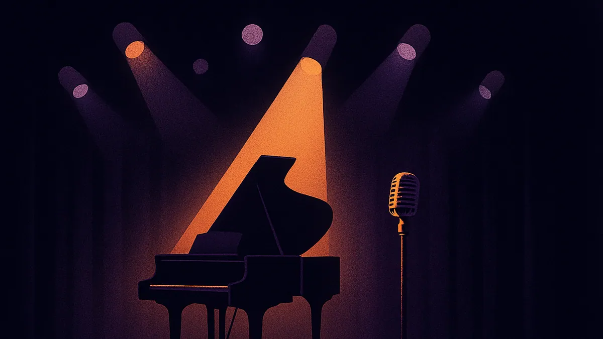 Escenario teatral con piano y micrófono iluminados para una función de impro musical