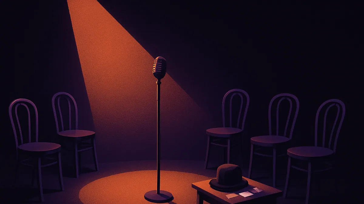 Escenario de teatro iluminado con atrezo preparado para una sesión de jam de impro.